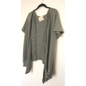 DAFTBIRD Khaki ARMY GREEN Cardigan TOP Slanted Pockets DRAPED Inner Striped S